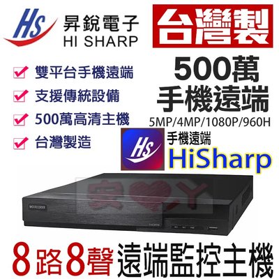 H.265 昇銳 HISHARP 8路 8聲 5MP 500萬 2年保固 台灣製 監視器 HS-HQ8311