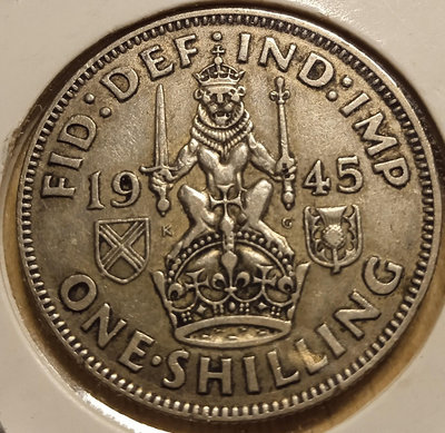 1945年，英國，喬治六世，1先令銀幣，通貨好品，有包漿，邊18184