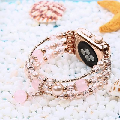 時尚珍珠瑪瑙閃鑽手鏈 適用apple watch6 2/3/4/5蘋果手錶錶帶 42 40MM/44mm女 不銹鋼SE