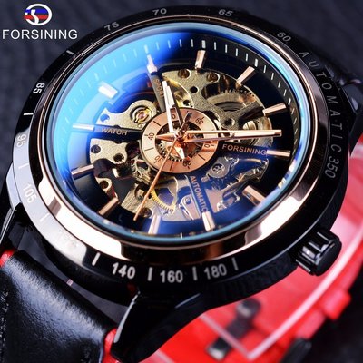熱銷 手錶腕錶新款 forsining 藍玻璃防水機械錶男士時尚休閑鏤空全自動機械錶