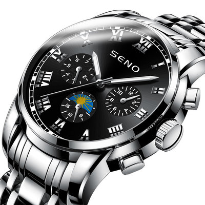現貨男士手錶腕錶工廠定制SENO日月星辰男士手錶新款日歷夜光防水石英電子腕錶