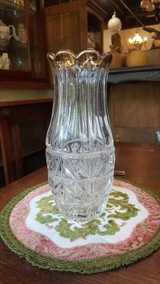 【卡卡頌 OMG歐洲跳蚤市場 / 西洋古董 】法國 老件 金邊 花邊 水晶玻璃 雕刻 花瓶 g0263