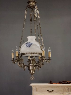 西班牙 藍白青花 蘑菇燈罩 (7燈) 油燈造型 古典 吊燈 古董燈 l0497【卡卡頌  歐洲古董】✬