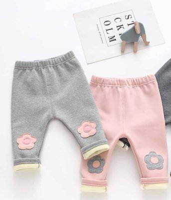 冬季款童裝☆╮ 灰色粉色小花 內裡刷毛 厚款 女寶寶幼兒適穿 保暖款 長褲 90~100cm 兩色款