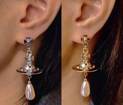 小Z代購#Vivienne Westwood 西太后新款土星水滴珍珠吊墜耳環 金色長款耳環 編號1572