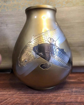 昭和時期.峰云作.銅制鯉魚花瓶