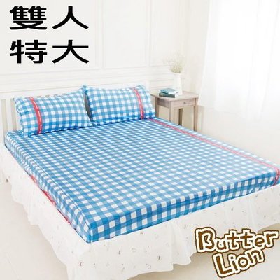 【奶油獅】格紋系列-台灣製造-100%精梳純棉床包三件組(藍)-雙人特大7尺~高雄館