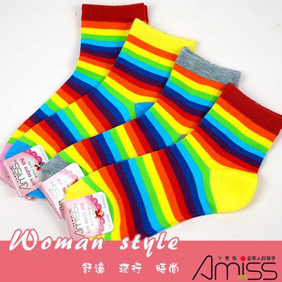 (2雙入)【Amiss】繽紛撞色棉織少女襪-彩虹條紋-【C702-33】