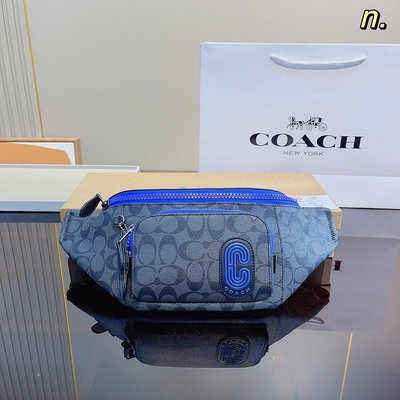 熱款直購#Coach 男款蔻馳新款胸包 藍色腰包 可調節肩帶 禮物 40*7*14cm