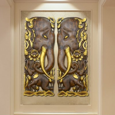 【熱賣精選】泰國純手工木雕東南亞家居裝飾柚木墻飾大象雕板木質工藝品雕花板 木雕藝術品 壁飾
