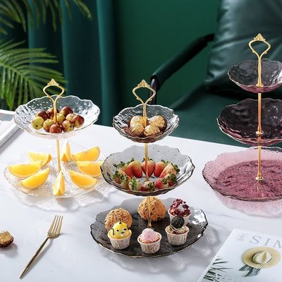 果盤北歐輕奢玻璃水果盤家用創意多層蛋糕架客廳網紅下午茶雙層點心盤,特價