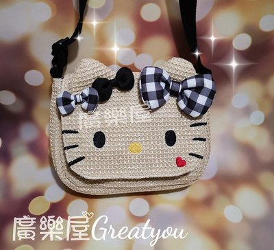 Hello Kitty臉型仿藤編斜背包 凱蒂貓Sanrio 三麗鷗 手機包 錢包 正版～廣樂屋～