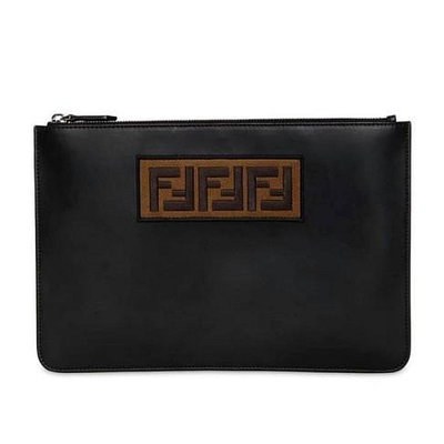 Fendi 深棕色FF Logo黑色皮革手拿包