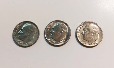 【觀天下‧郵幣天地】AD-104-2 美國老錢幣 ONE DIME 羅斯福總統1972 1974 1979《 三枚一拍》
