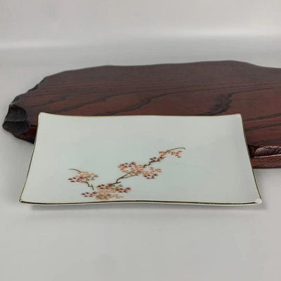 日本皇室御用深川制壽司盤子 長方形碟子 手繪深淺赤金竹子圖案