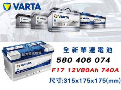 全動力-華達VARTA F17 (80Ah)【580406074】歐規電池/歐洲車款 斯柯達 寶馬MINI 捷豹適用
