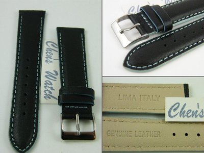 錶帶屋 16mm 18mm 20mm LIMA義大利 藍線車縫黑色素面錶帶 DKNY ELLE CK 星辰