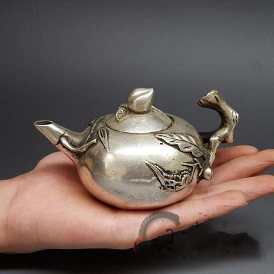 仿古銅器白銅黃銅鍍銀水壺茶壺擺件桃形壺裝飾禮品古玩收藏品古董古玩風水擺件