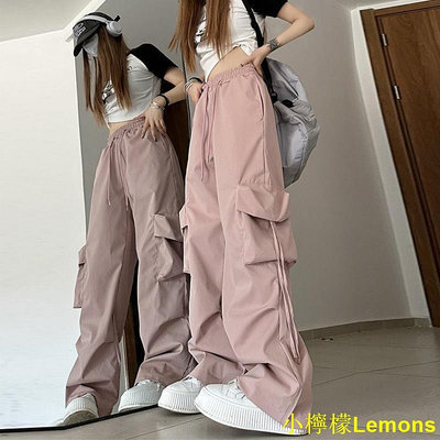 小檸檬Lemons女工作褲多口袋 工作褲 女生衣著 垮褲女 美式復古速乾工裝褲女夏季高腰直筒闊腿飄帶寬鬆休閒拖地長褲潮