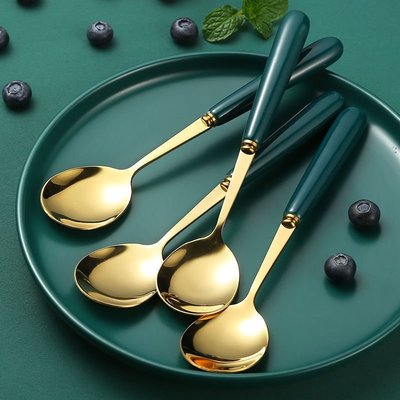 祖母綠不銹鋼勺子家用喝湯吃飯用創意韓式可愛加厚長柄勺湯勺套裝超夯 精品