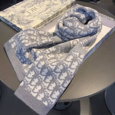 全新真品 DIOR 迪奧 印花圍巾 灰色羊絨 Oblique 印花 圍巾 披肩 15DOB201I099_C810