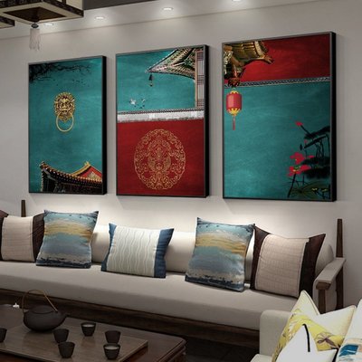 現貨：新中式客廳沙發背景墻裝飾畫古典建筑中國風餐廳掛畫玄關走廊壁畫