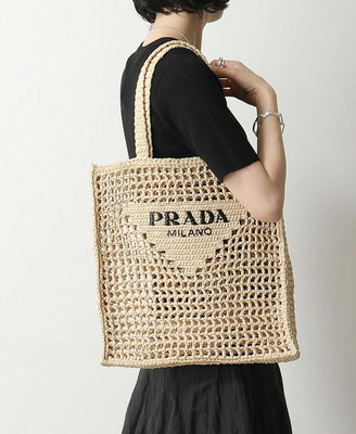 【折扣預購】24春夏正品Prada logo tote 米色 拉菲編織包草編包 托特包 手提袋 手袋1BG393