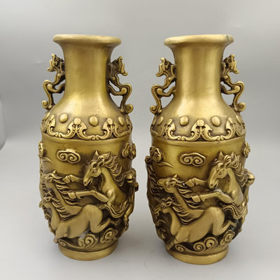 三友社 古玩銅器收藏銅擺件 馬到成功浮雕銅花瓶一對 家居裝飾禮品工藝品zyy