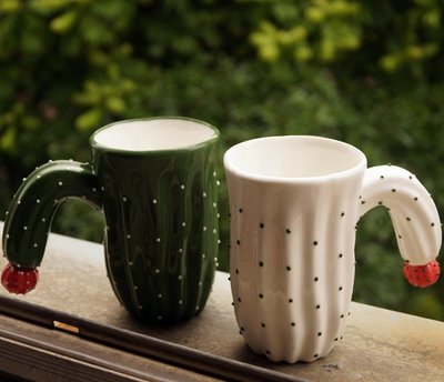 日韓創意設計雜貨 陶瓷製熱帶沙漠多肉植物 白綠色圓點 仙人掌 立體造型 馬克杯 咖啡杯 陶瓷杯 水杯 餐飲店面餐具 杯子