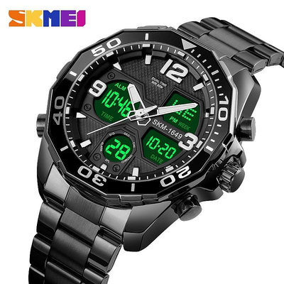 時刻美 SKMEI 1649 豪華金色男士手錶品牌不鏽鋼石英數字防水手錶腕錶