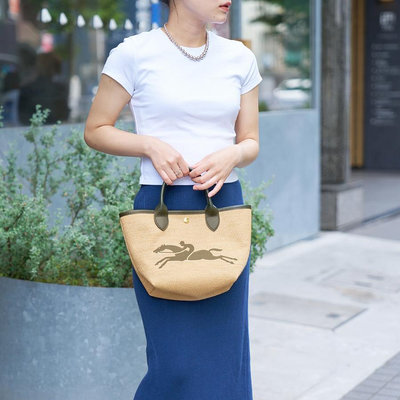 【限時大折扣預購】24春夏正品Longchamp Le Panier Pliage Small小型 奔馬刺繡 草編肩背包手提包 卡其綠色S