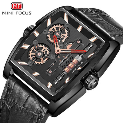 現貨男士手錶腕錶MINI FOCUS抖音手錶桶型殼機電單車男錶皮質錶帶男手錶0322G