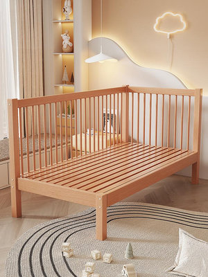 櫸木兒童拼接床加寬床無縫拼接大床加高護欄床平接床新生嬰兒邊床