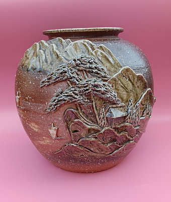 日本回流瓷器信樂燒 陶胎高浮雕花瓶、花器擺件。