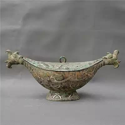 中國青銅器錯銀雙鳳帶蓋子盤古玩收藏家居藝術品擺件樣品屋展示中心軟裝飾品