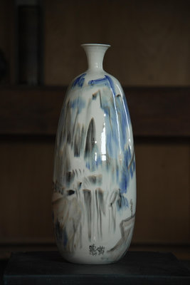 「上層窯」鶯歌製造 黃農(黃聯森) 作品 山水 彩繪花瓶 瓷器 A1-12