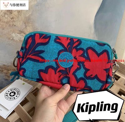 Kipling 猴子包 藍底紅花 K70109 拉鍊手掛包 零錢包 長夾 手拿包 鈔票/零錢/卡包 輕便多夾層 防水 限