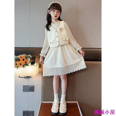 110-170cm 韓國女童小香風洋裝 春秋新款洋氣兒童蕾絲公主裙 潮流女大童白色連身裙