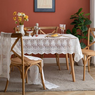 桌巾法式浪漫白色蕾絲繡花長方形餐桌布蓋巾婚禮裝飾拍照背景
