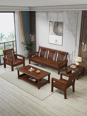沙發 全實木沙發客廳家具現代簡約香樟木組合經濟型小戶型中式木質沙發~定金-有意請咨詢