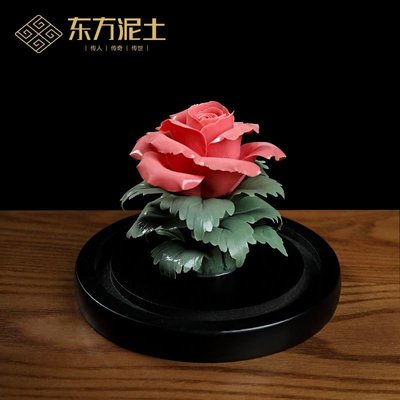 現貨熱銷-東方泥土《玫瑰花》中式陶瓷手工捏花藝術擺件家居仿真花桌面飾品~特價