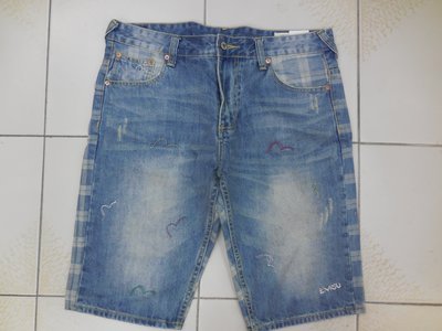 (二手)EVISU藍色刷色磨破 牛仔休閒短褲(W34)(B408)