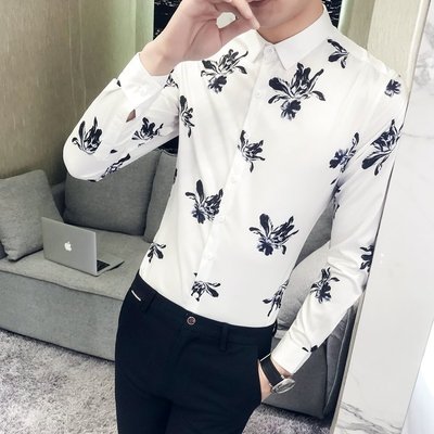 FINDSENSE G6 韓國時尚 春季新款男士長袖襯衫個性花卉碎花印花襯衫