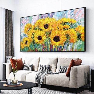 手工油畫手繪油畫客廳沙發背景墻裝飾畫橫版向日葵掛畫欣欣向榮壁畫手工