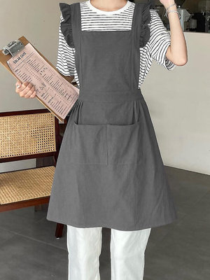 【現貨】K9HX圍裙女家用廚房洋氣時尚美甲店工作服純棉麻上班夏天薄款