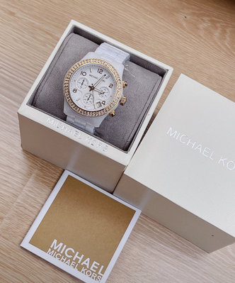 Michael Kors 白色面錶盤 金色水鑽圈 白色陶瓷錶帶 石英 三眼計時 女士手錶 MK5237