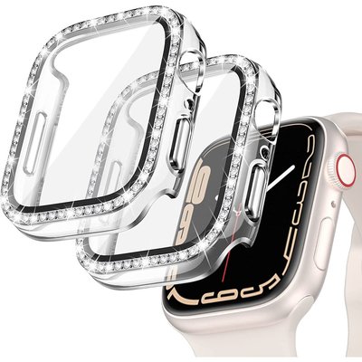 鑽石錶殼屏幕保護膜鋼化玻璃膜兼容 Apple Watch 8/7/6/SE/5/4/3 49mm Iwatch 41MM