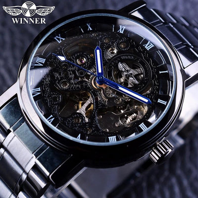 現貨男士手錶腕錶Winner黑色鏤空鋼帶男士自動機械錶男藍針自動機械錶
