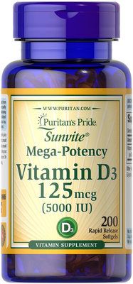 （缺貨中）美國 原裝 進口 藍色 新包裝 puritan’s pride vitamin D3 5000 單位 200顆裝