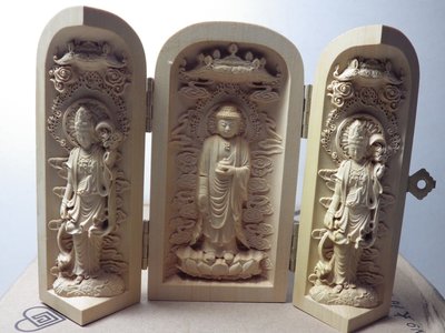 紫晶宮***精品隨身三合一佛龕 黃楊木藥師佛與日月光菩薩木雕佛像